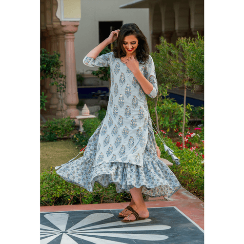 Grey Double Layered Printed Dress With Embroidery