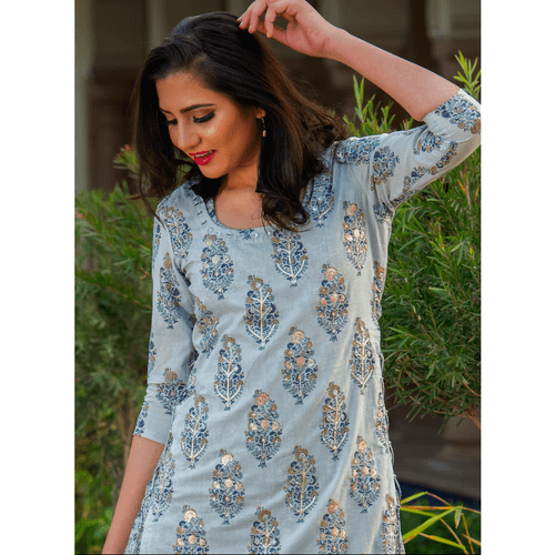 Grey Double Layered Printed Dress With Embroidery