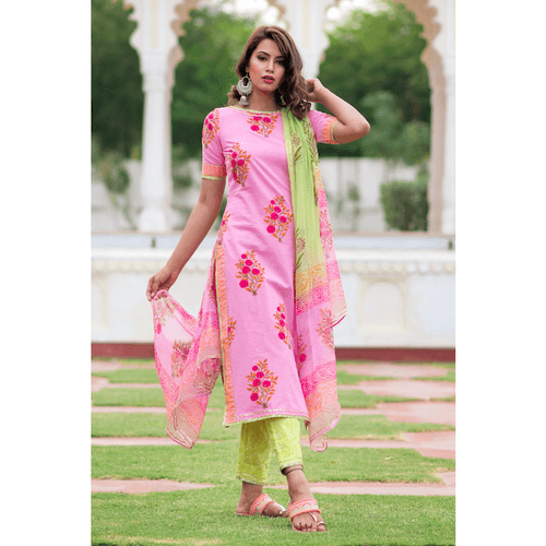 Pink Block Printed Suit Set With Gota Work