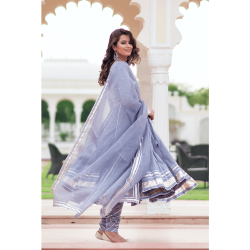 Grey Gota Work Anarkali With  Dupatta