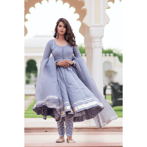 Grey Gota Work Anarkali With  Dupatta