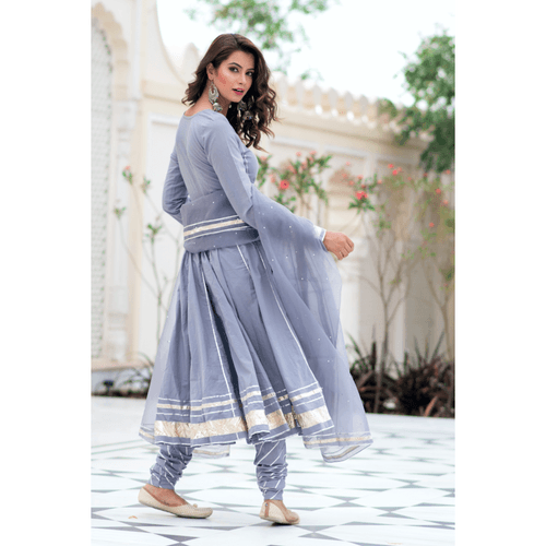 Grey Gota Work Anarkali With  Dupatta