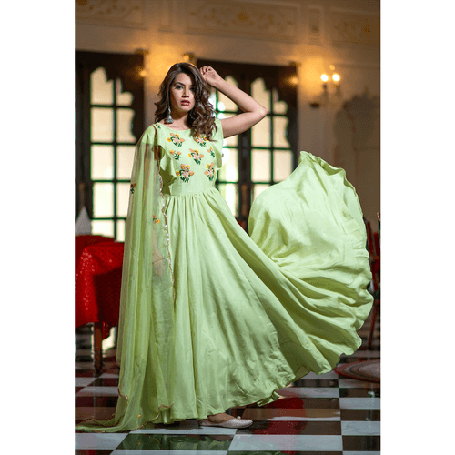 Pistachio Green Hand Embroidered Dress With Organza Dupatta