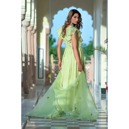 Pistachio Green Hand Embroidered Dress With Organza Dupatta