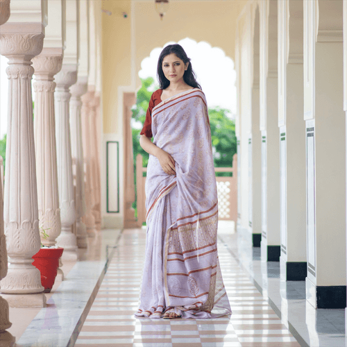 Wisteria Block Printed Chanderi Saree