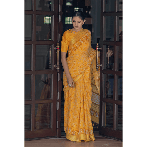 Yellow Block Printed Linen Sari