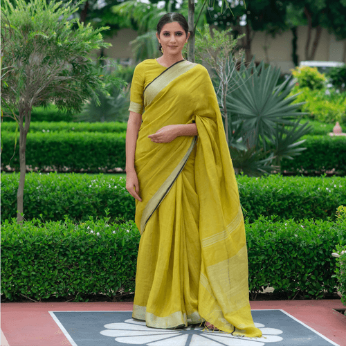 Pear Yellow Linen Saree