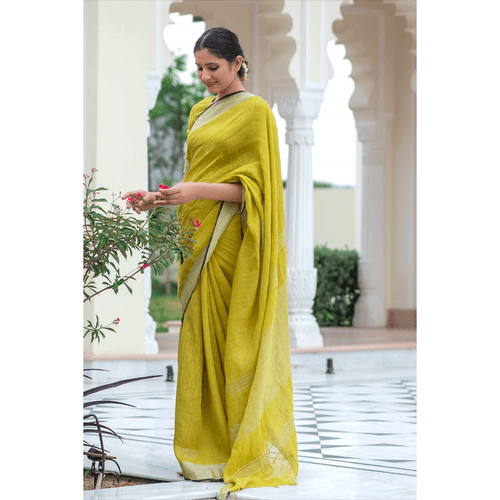 Pear Yellow Linen Saree