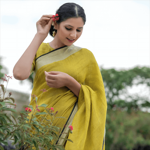 Pear Yellow Linen Saree