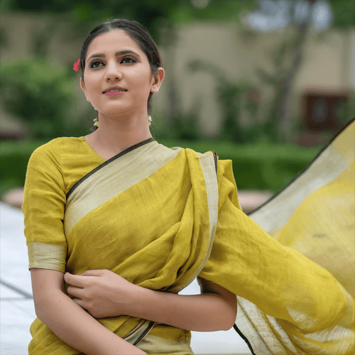 Pear Yellow Linen Saree