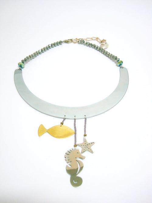 Sea World Wonderland Seahorse and Fish Silver Necklace