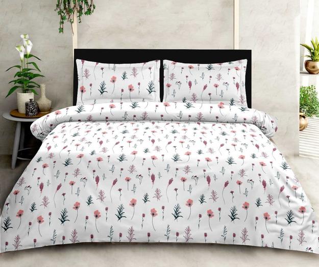 Luxury Opulence Premium Cotton Floral White Peach Grey Double Bedsheet Queen