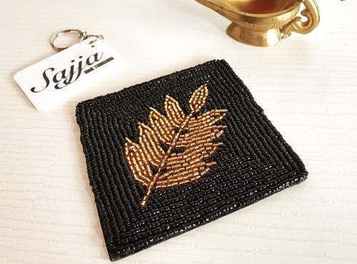 Sajja Golden Black Leaf Handmade Beads Square Coaster Doily Mat