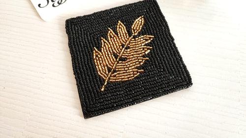 Sajja Golden Black Leaf Handmade Beads Square Coaster Doily Mat