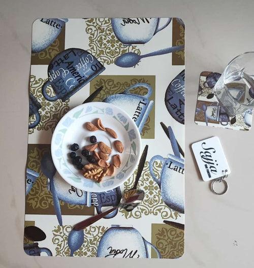 Sajja Quirky Coffee Mug rectangular Set of 6 PVC Vinyl Washable Table Mats Coaster