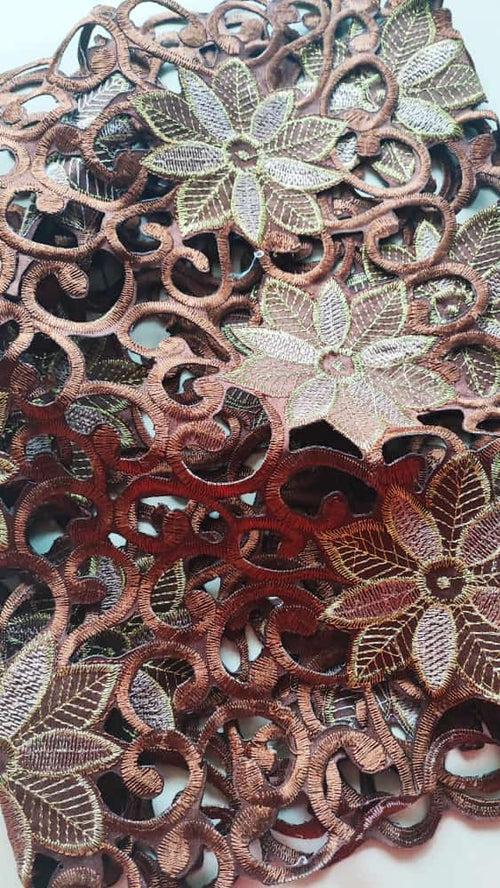 Elegant Cutwork Brown Gold Embroidered Organza Table Runner (L- 34in, W-15in)