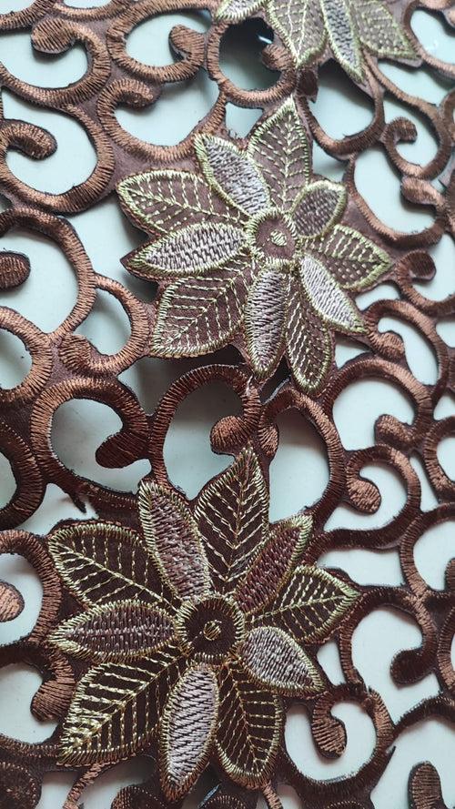 Elegant Cutwork Brown Gold Embroidered Organza Table Runner (L- 34in, W-15in)