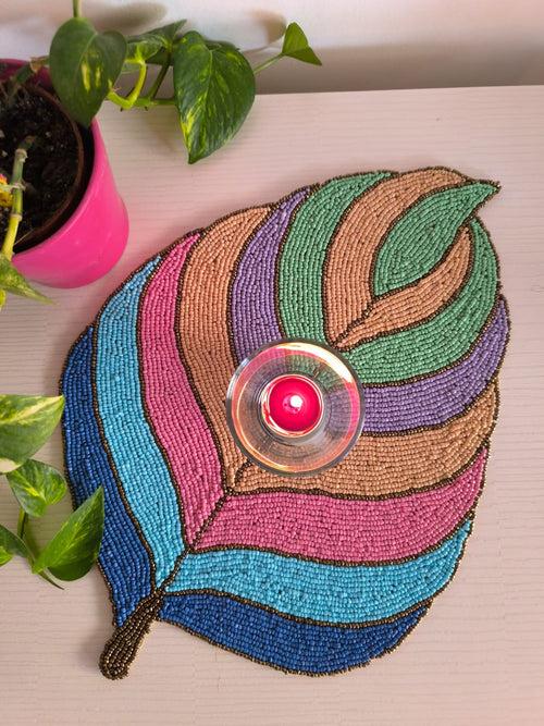 Decorative Handmade Beaded Mat Multicolour Leaf  | Table Placemat