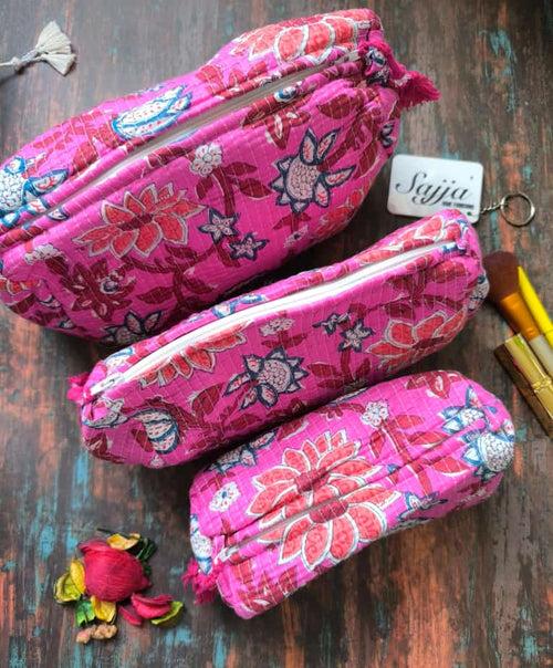 Hand Block Printed Cotton Quilted Floral Toiletry Bag 3 Piece Combo Set Waterproof Travel Kit