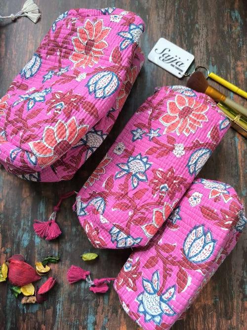 Hand Block Printed Cotton Quilted Floral Toiletry Bag 3 Piece Combo Set Waterproof Travel Kit