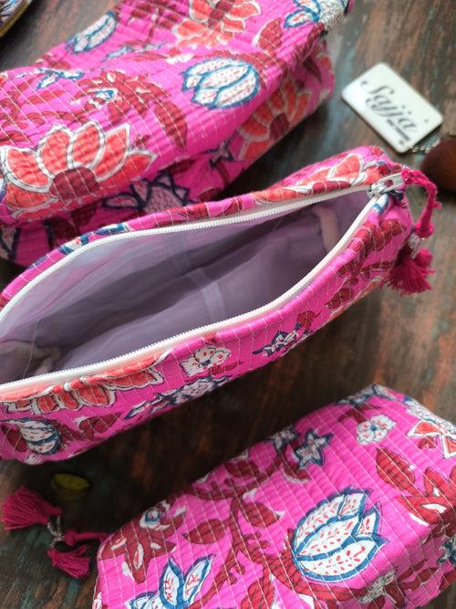 Hand Block Printed Cotton Quilted Floral Toiletry Bag 3 Piece Combo Set Waterproof Travel Kit