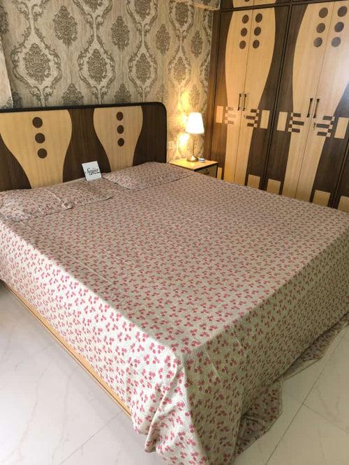 Premium Cotton King Bedsheet Beige Pink Paisley Floral 108 inches x 108 inches