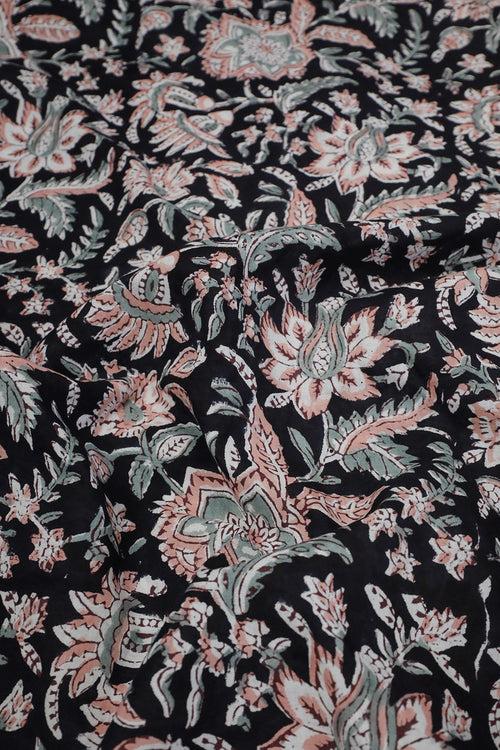 Florals on Black Garden Sanganeri Cotton Fabric