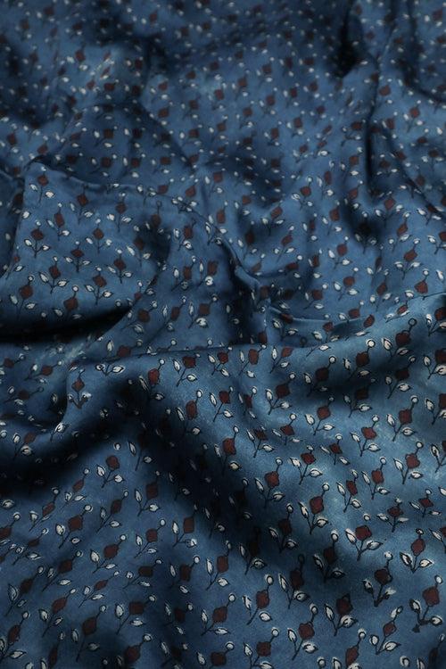 Indigo with Florets Block Printed Modal Silk Fabric