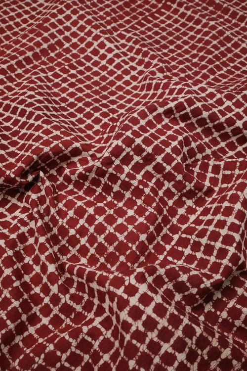 Checkered Maroon Block Printed Cotton Fabric