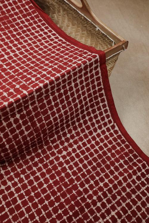 Checkered Maroon Block Printed Cotton Fabric