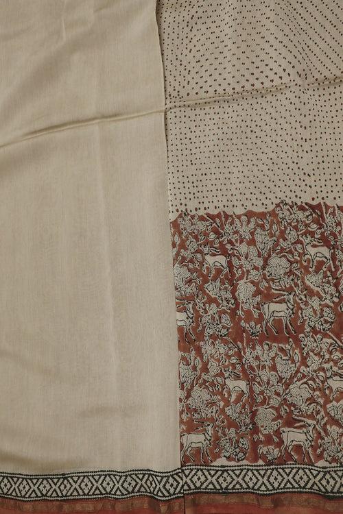 Beige with Maroon Block Printed Chanderi Saree