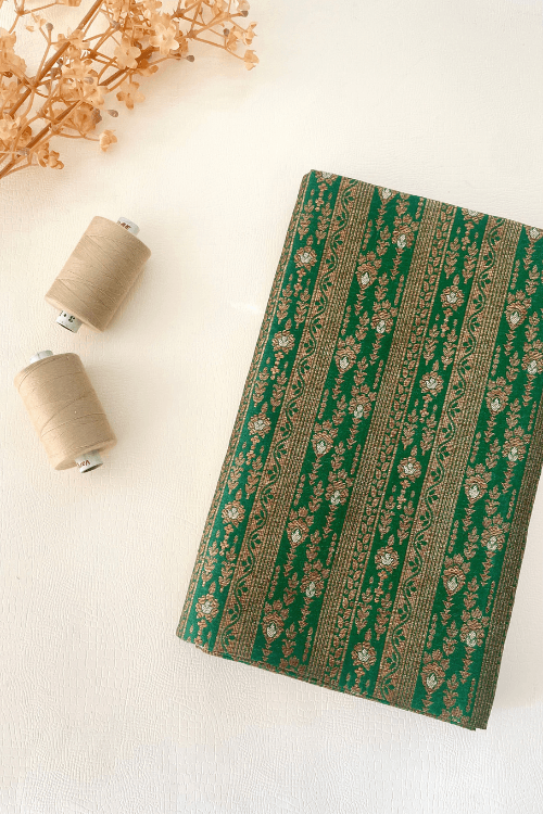 Dark Green Handloom Pure Katan Silk Gold Zari Brocade Banarasi Fabric