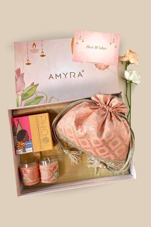 Gift hamper - Chandheri peach potli - Aroma & Floral candle box