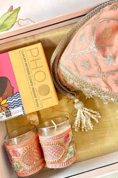 Gift hamper - Chandheri peach potli - Aroma & Floral candle box