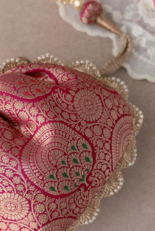 Kashi Pure Banarasi Silk Potli - Dark pink