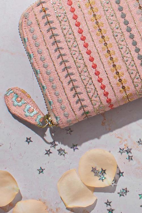 Linea Embroidered Wallet - Peach