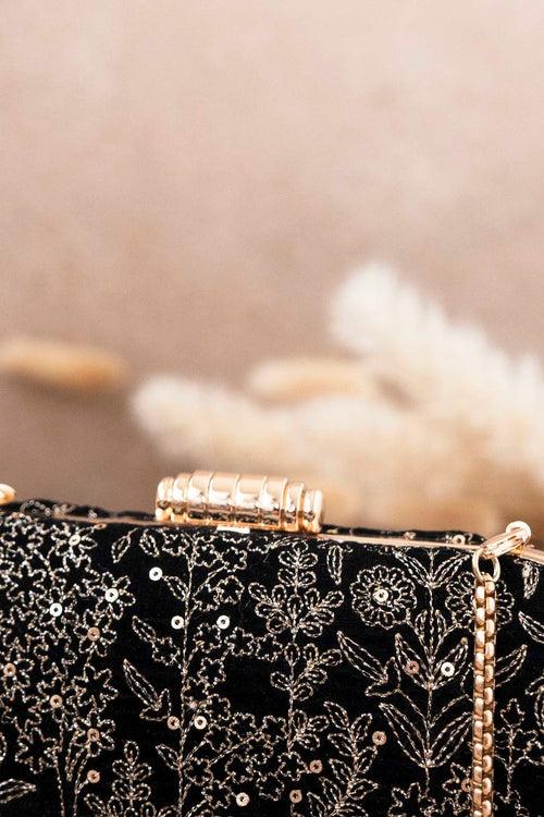 Thea Velvet Embroidered Clutch - Black