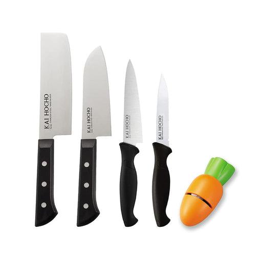 Kai Premium Knife Set [Nakiri, Santoku, Utility & Serrated Knife With Knife Sharpener]