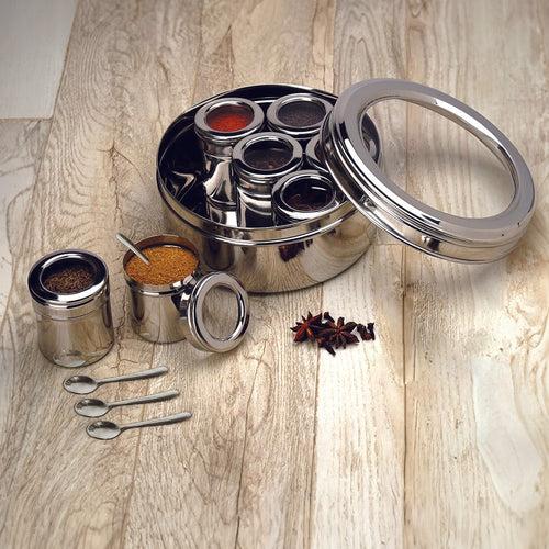 Stainless Steel Masala Box with See Through Lid and 7 Containers with Spoon