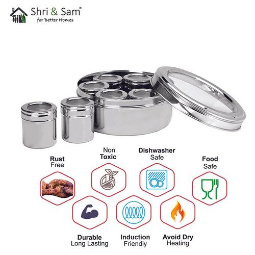 Stainless Steel Masala Box with See Through Lid and 7 Containers with Spoon