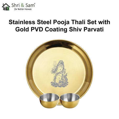 Stainless Steel Pooja Thali Set with Gold PVD Coating Shiv Parvati