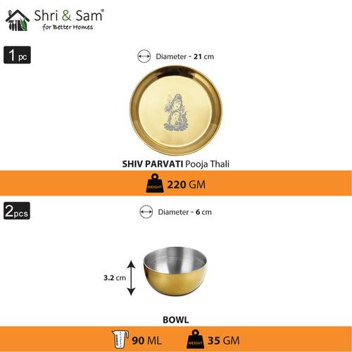 Stainless Steel Pooja Thali Set with Gold PVD Coating Shiv Parvati