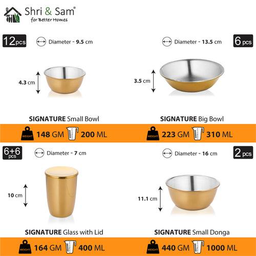 Stainless Steel 64 PCS Dinner Set (6 People) with Gold PVD Coating and Laser Signature - Matt