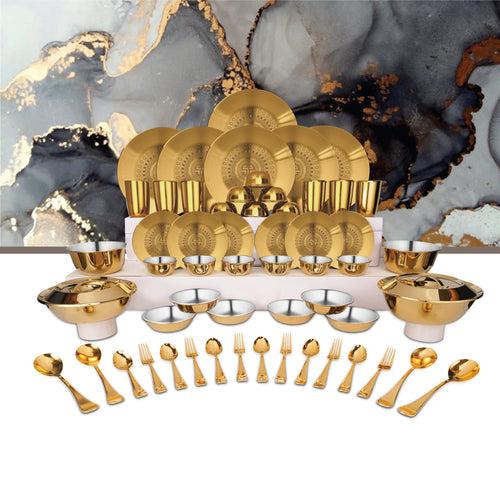 Stainless Steel 64 PCS Dinner Set (6 People) with Gold PVD Coating and Laser Signature - Matt