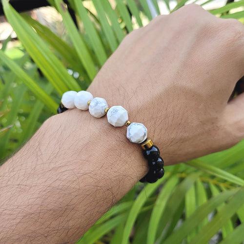 Diamond Cut Howlite With Black Obsidian And Golden Hematite Bracelet