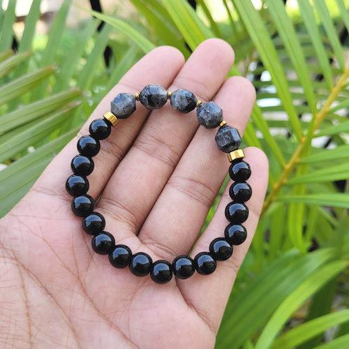 Diamond Cut Larvikite With Black Obsidian And Golden Hematite Bracelet