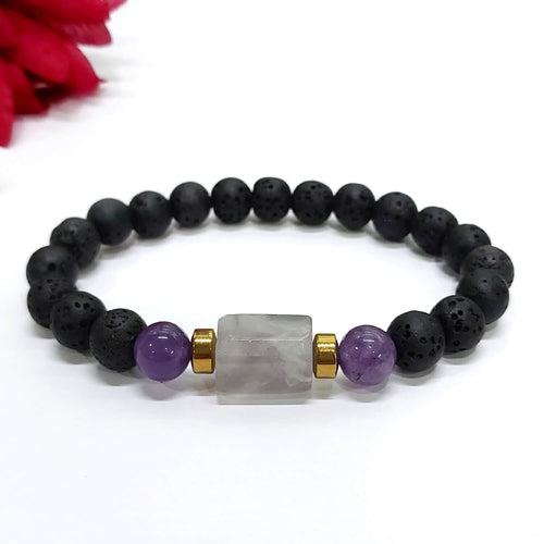 Amethyst Matte Tumble Bracelet With Lava Stone And Golden Hematite