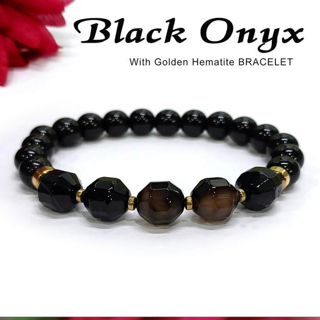 Diamond Cut Black Onyx With Golden Hematite Natural Stone Bracelet