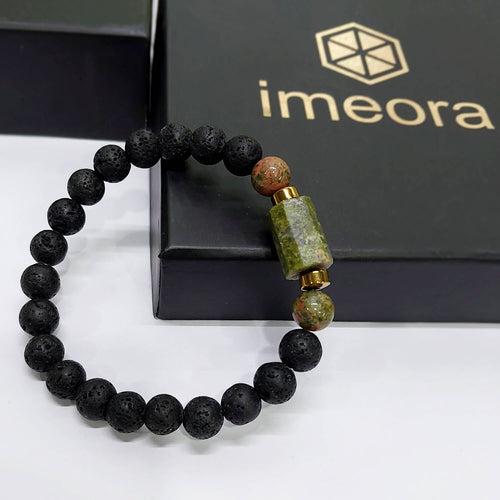 Unakite Matte Tumble Bracelet With Lava Stone And Golden Hematite