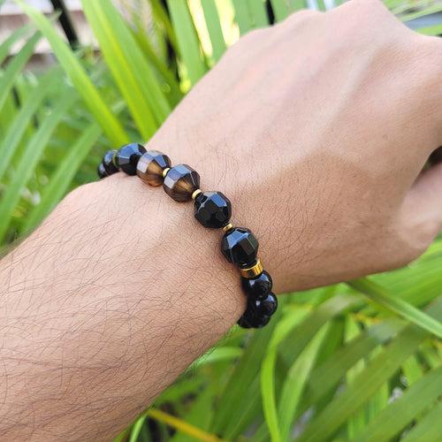 Diamond Cut Black Onyx With Golden Hematite Natural Stone Bracelet